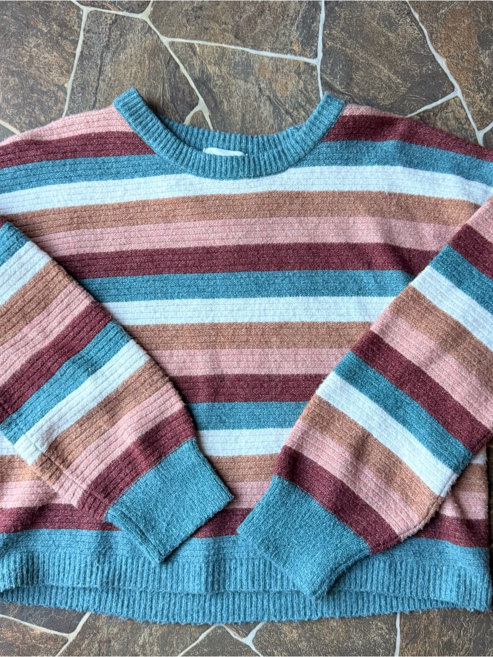 Pink Rose Striped Crewneck Sweater in Teal, Pink, Rust & Cream